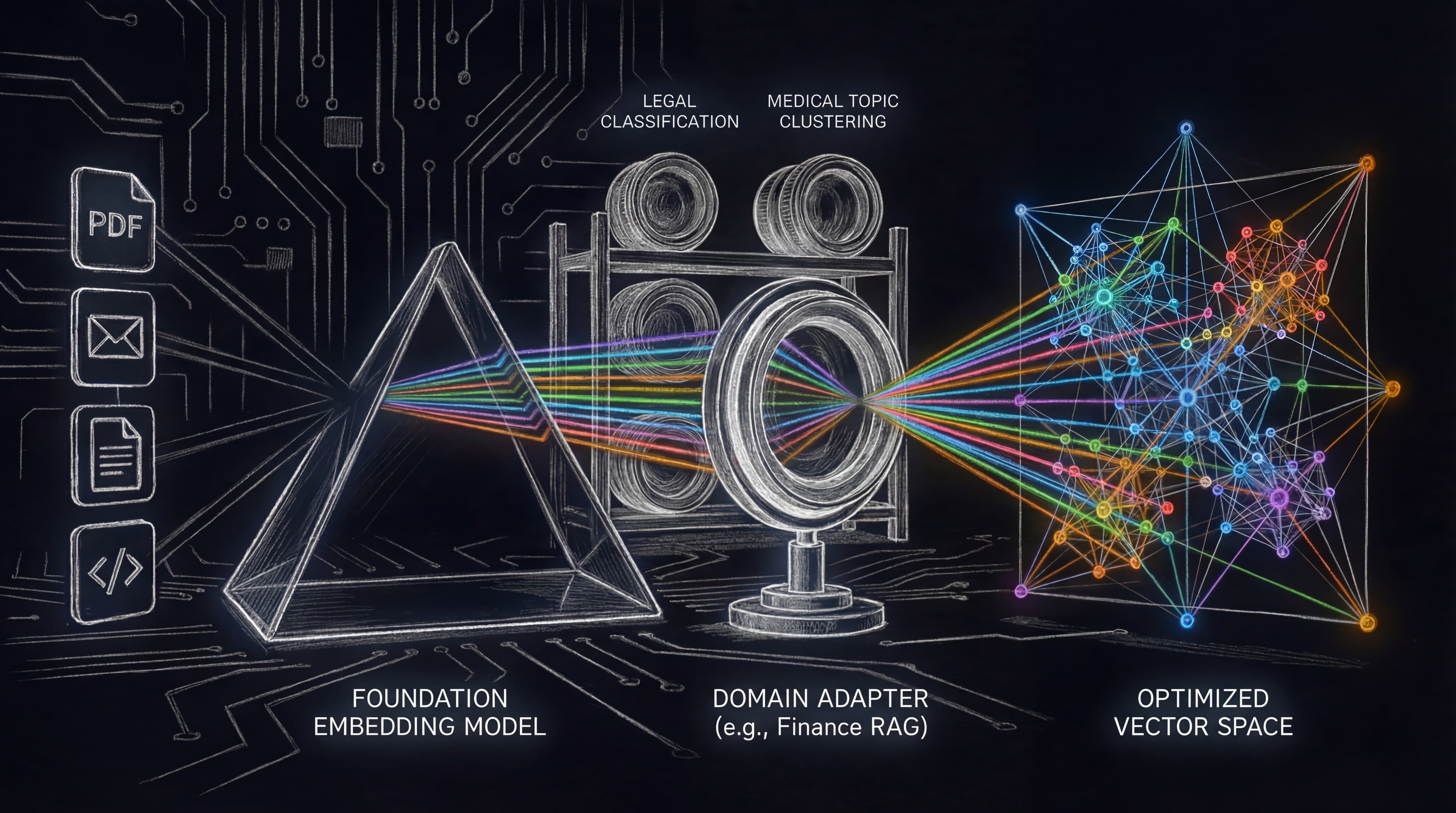 Concept illustration showing adapters layered onto embedding flows